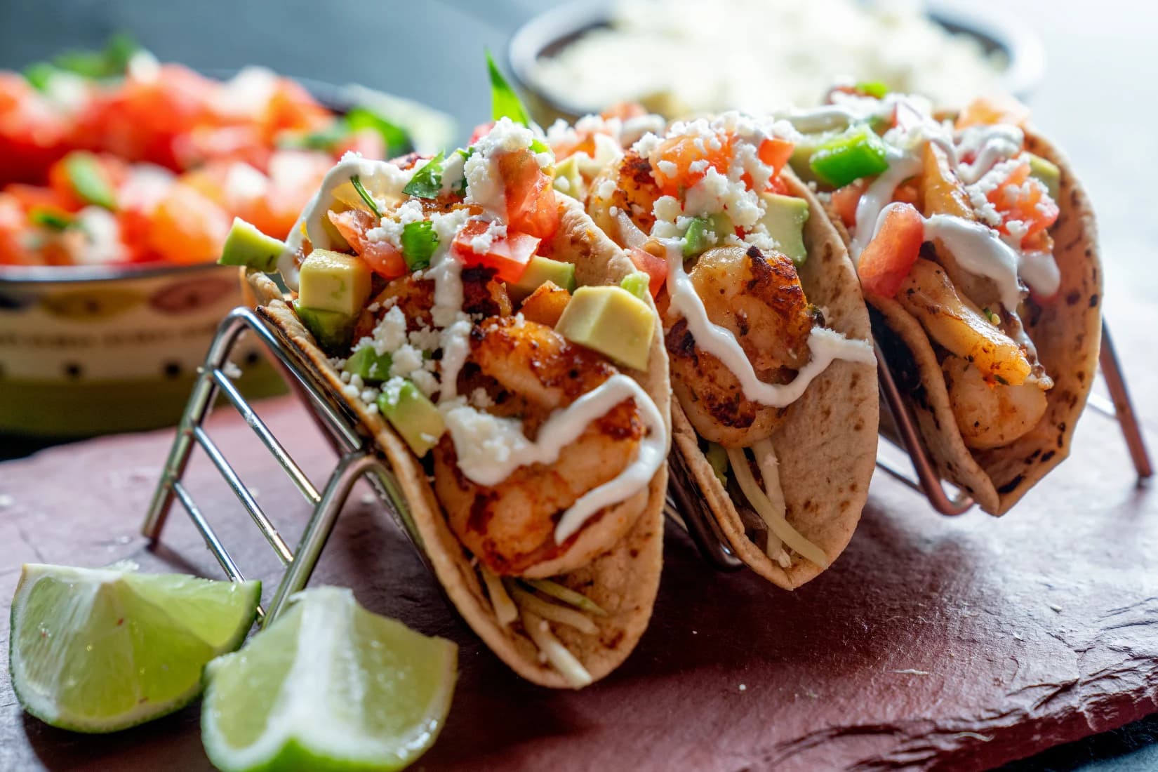 Shrimp tacos topped with avocado, pico de gallo, and crema, served with lime wedges.